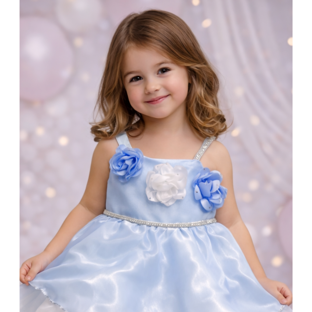 Toddler Girls’ Enchanted Blue Floral Party Dress – Layered Organza Princess Gown with Rosette Bodice and Sparkle Trim