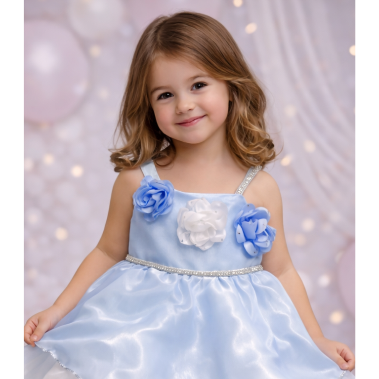 Toddler Girls’ Enchanted Blue Floral Party Dress – Layered Organza Princess Gown with Rosette Bodice and Sparkle Trim