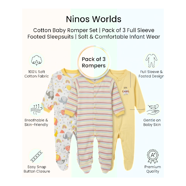 Ninos Worlds Interlock Knit Full Sleeves Footed Sleep Suits With Print & Patch Pack of 3 - Multicolor