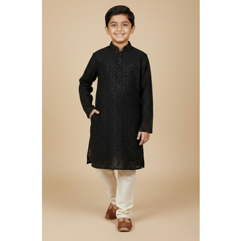 Boys Black Embroidered Chikankari Kurta with Cream Pajama Set - 2 Piece Festive Ethnic Outfit
