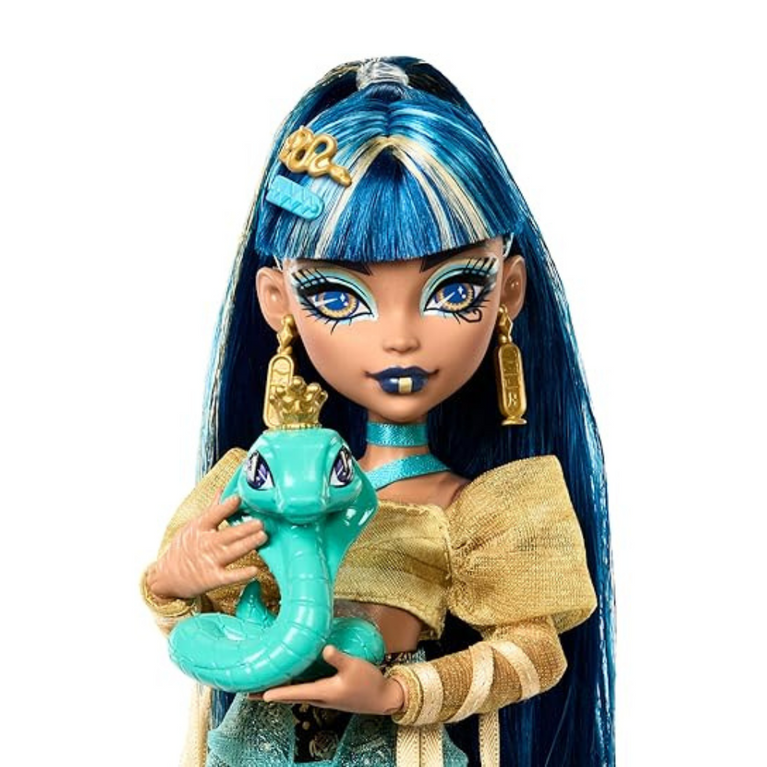 Monster High Cleo De Nile Doll in Golden Blouse and Layered Skirt, Includes Pet Cobra Hissette and Accessories Like a Backpack, Snack and Scroll