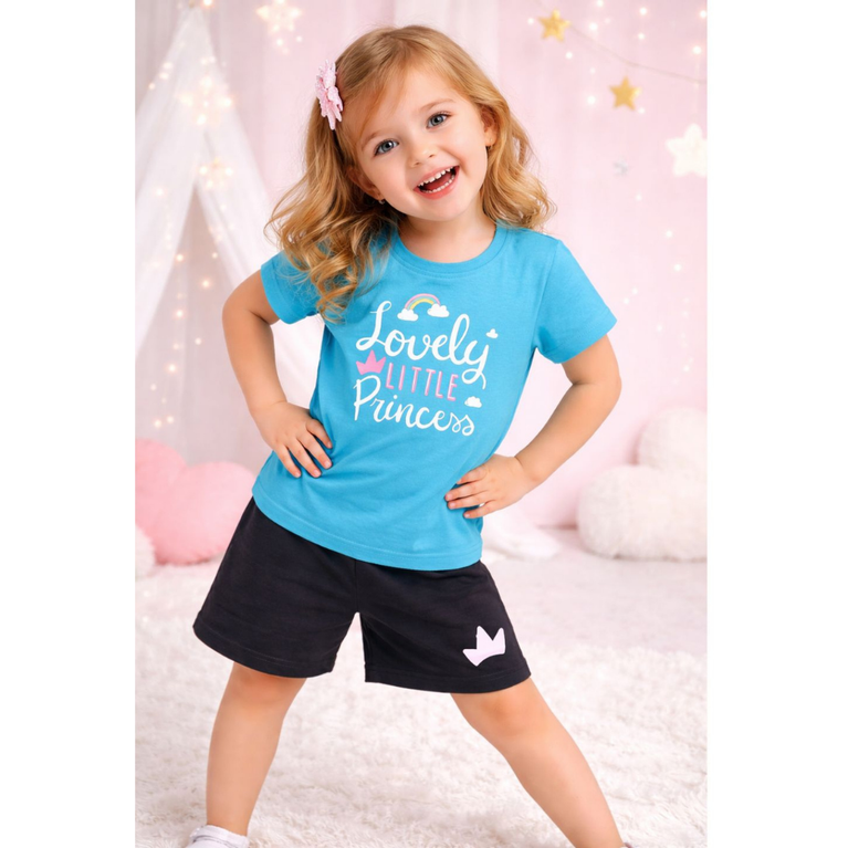 Ninos 100% Cotton Knit Half Sleeves "Lovely Little Princess" Printed Coordinating Tee & Shorts Set