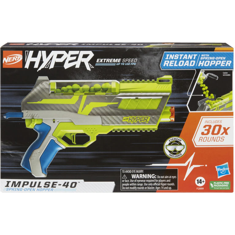 Nerf Hyper Impulse-40 Blaster, 30 Nerf Hyper Rounds, Spring-Open Instant Reload Hopper, Up To 110 FPS Velocity, Eyewear Included, 14Y+