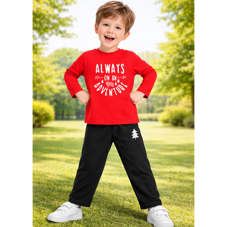 Ninos 100% Cotton Knit Full Sleeves "ALWAYS ON AN ADVENTURE" Printed T-shirt and Pant Set for Boys