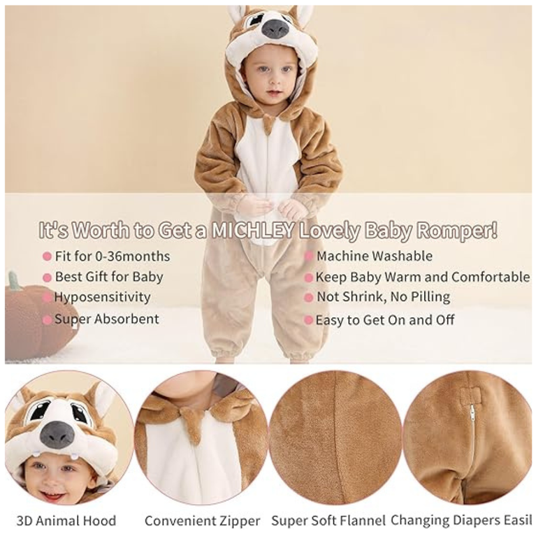 Michley- Unisex Baby Winter Hooded Romper Flannel Squarell Style Stitch Animal Long Sleeves Zip Cosplay Dress