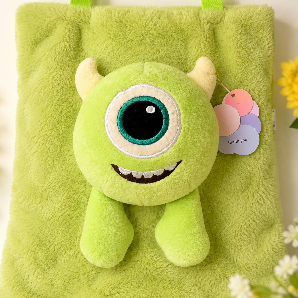 Plush Monster Tote Bag for Kids | Soft Furry Shoulder Bag with 3D Cartoon Plush Toy (Green)