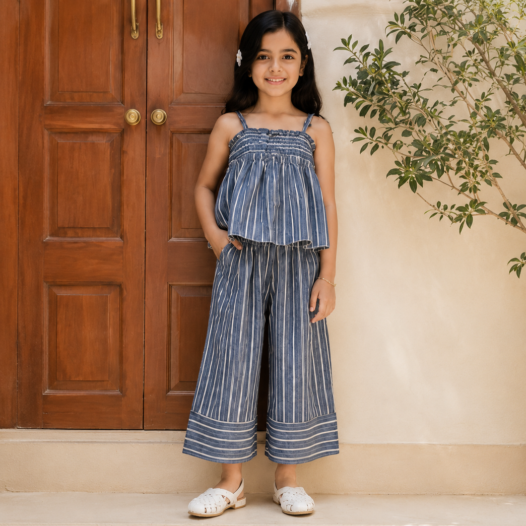 Girls Blue Striped Smocked Cami Top & Wide-Leg Palazzo Pants Co-Ord Set