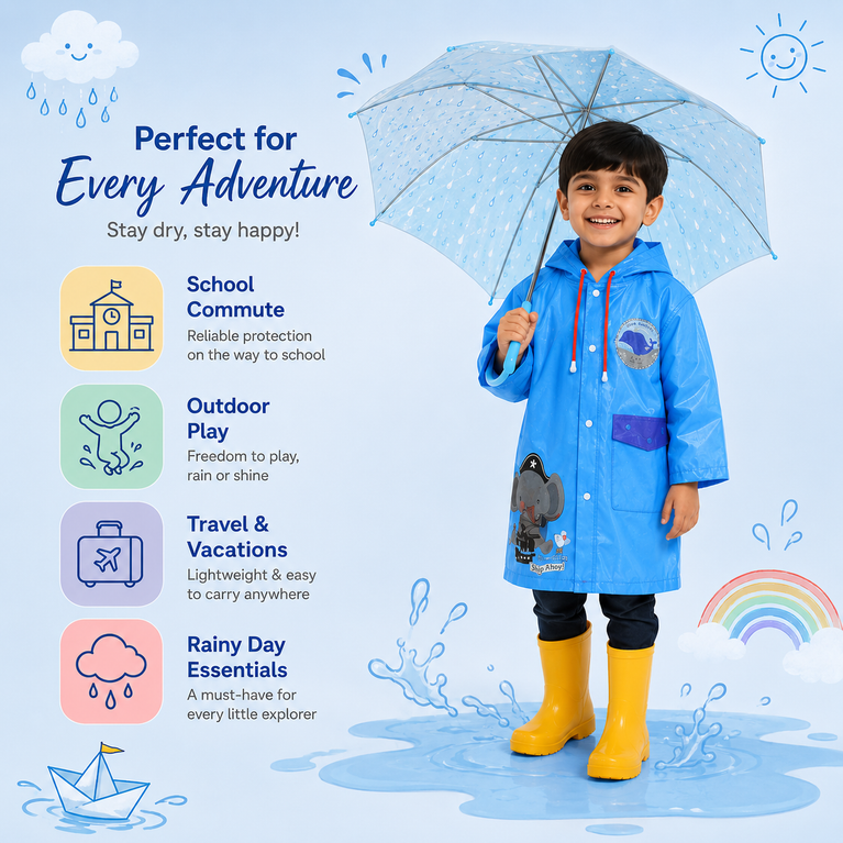 Hooded Raincoat for Kids with Wide Brim, EVA Student Rain Coat for Girls, School Bag Rain Cover