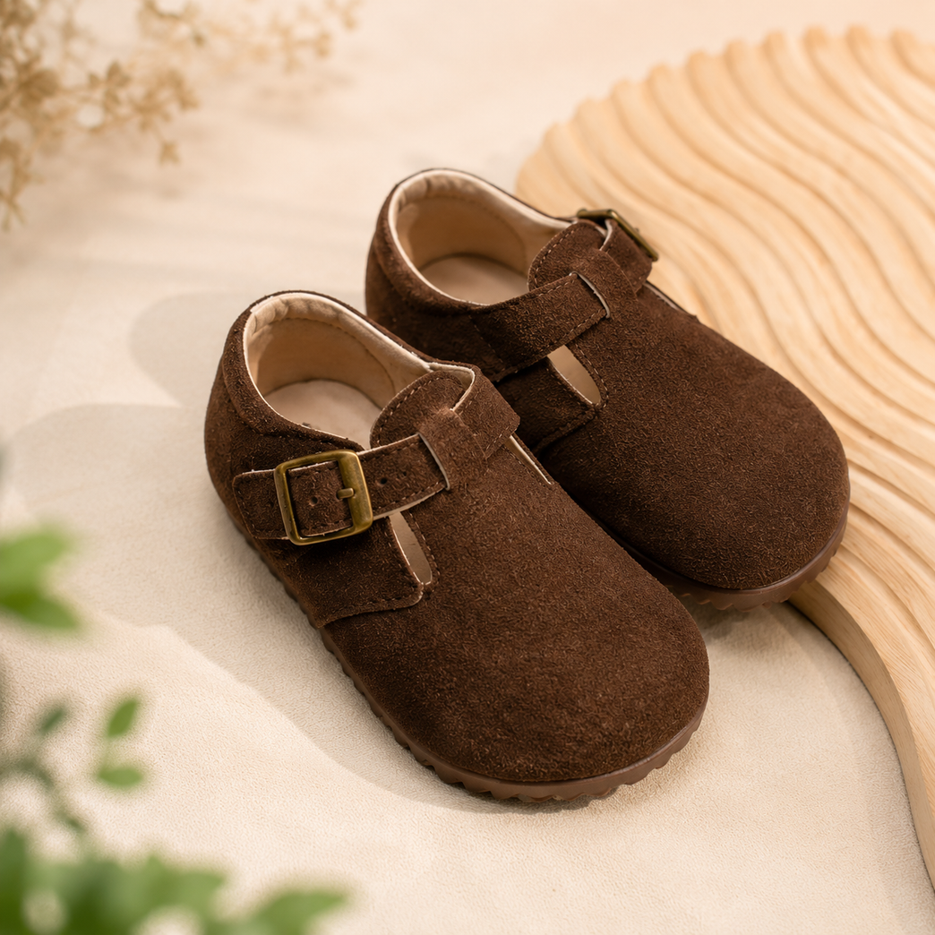 Kids Brown Suede Buckle Casual Shoes | Soft Comfortable Toddler & Boys Slip-On Shoes