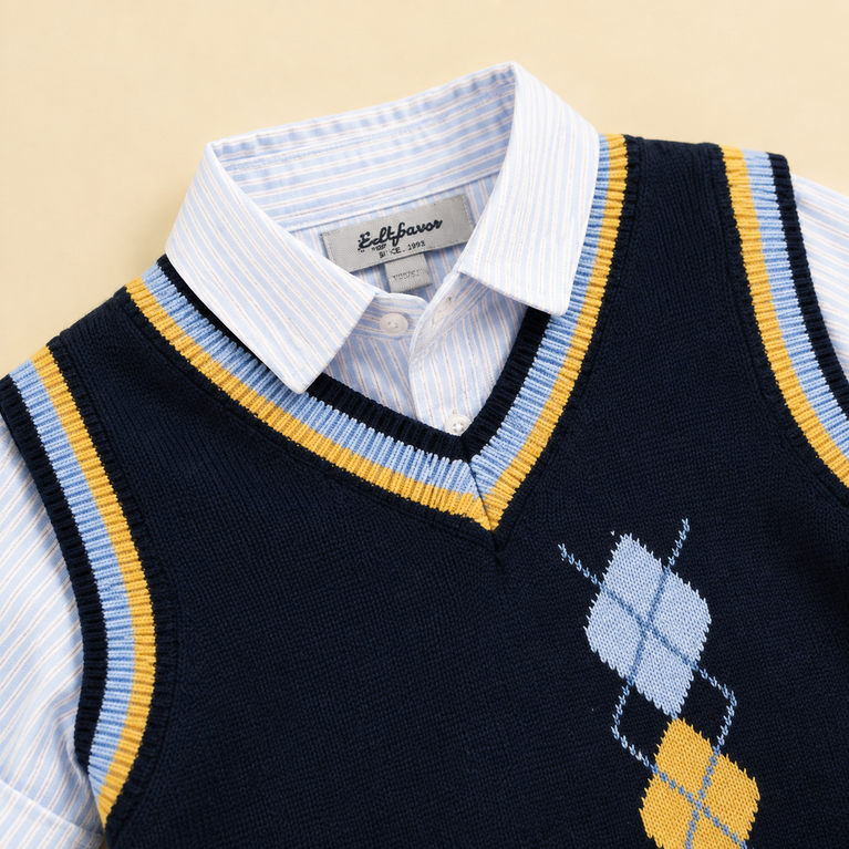 Navy Argyle Sweater Vest Set with Shirt & Trousers