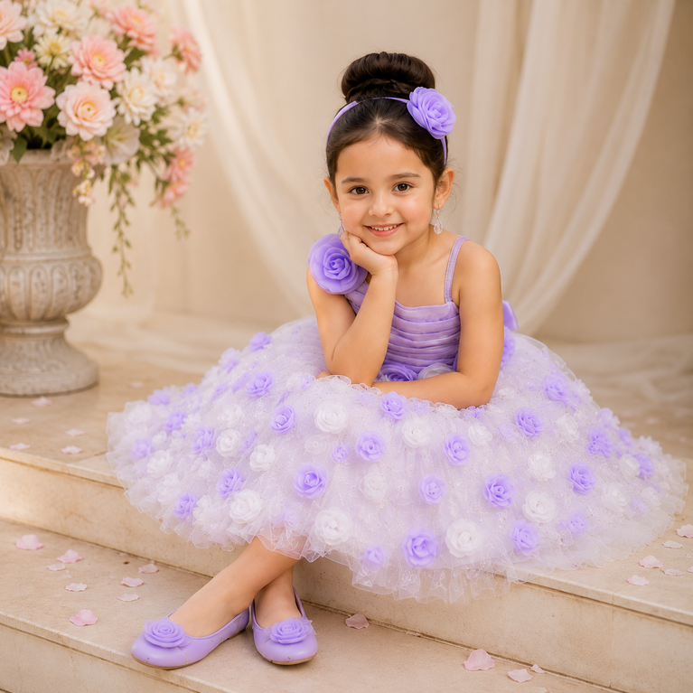 Lavender Floral Appliqué Party Dress | Sleeveless Tulle Princess Dress for Birthday, Wedding &amp; Special Occasions