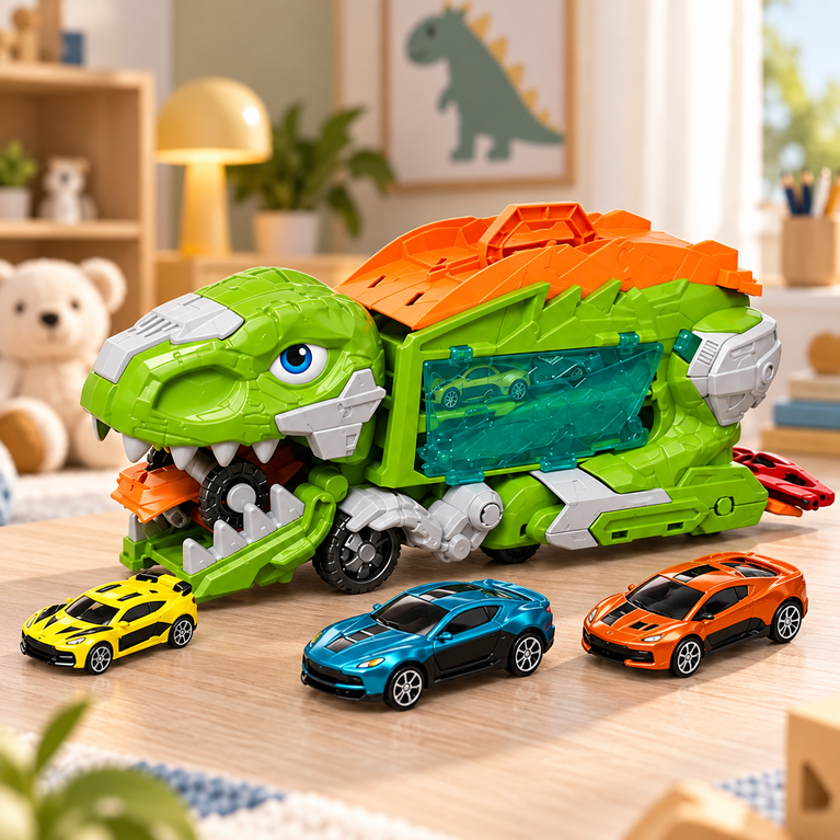 Dinosaur Car Carrier Toy with Mini Cars and Launch Track