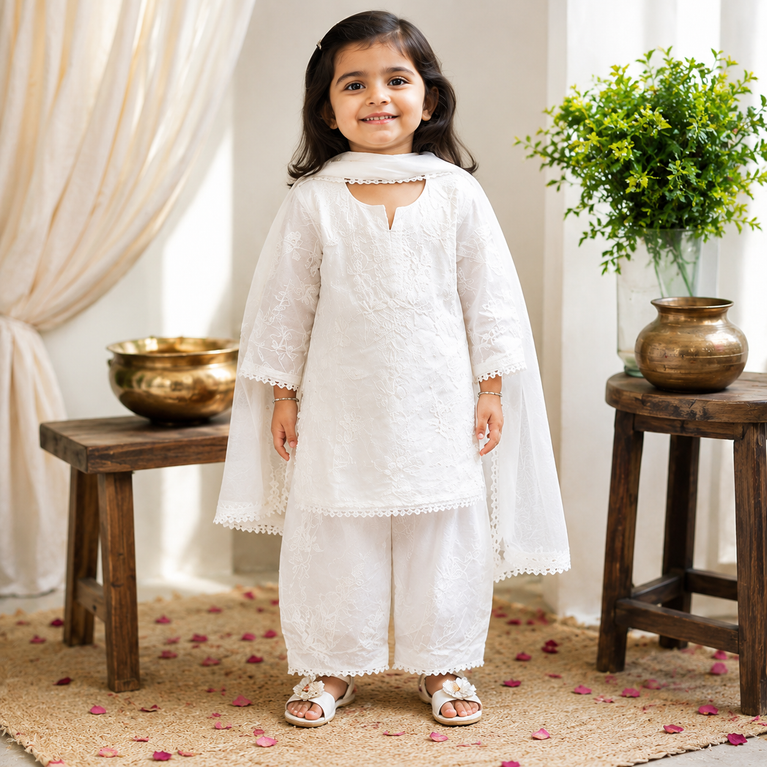 White Chikankari Embroidered Kurta Palazzo Set with Dupatta | Ethnic Wear for Kids