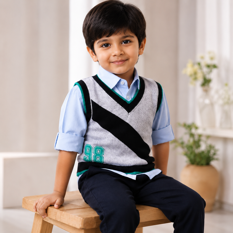 Boys Grey Sweater Vest Set with Shirt & Trousers