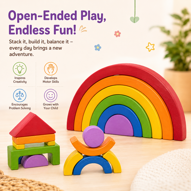 Montessori Wooden Rainbow Stacker Toy for Kids | Colorful Balancing & Open-Ended Learning Blocks