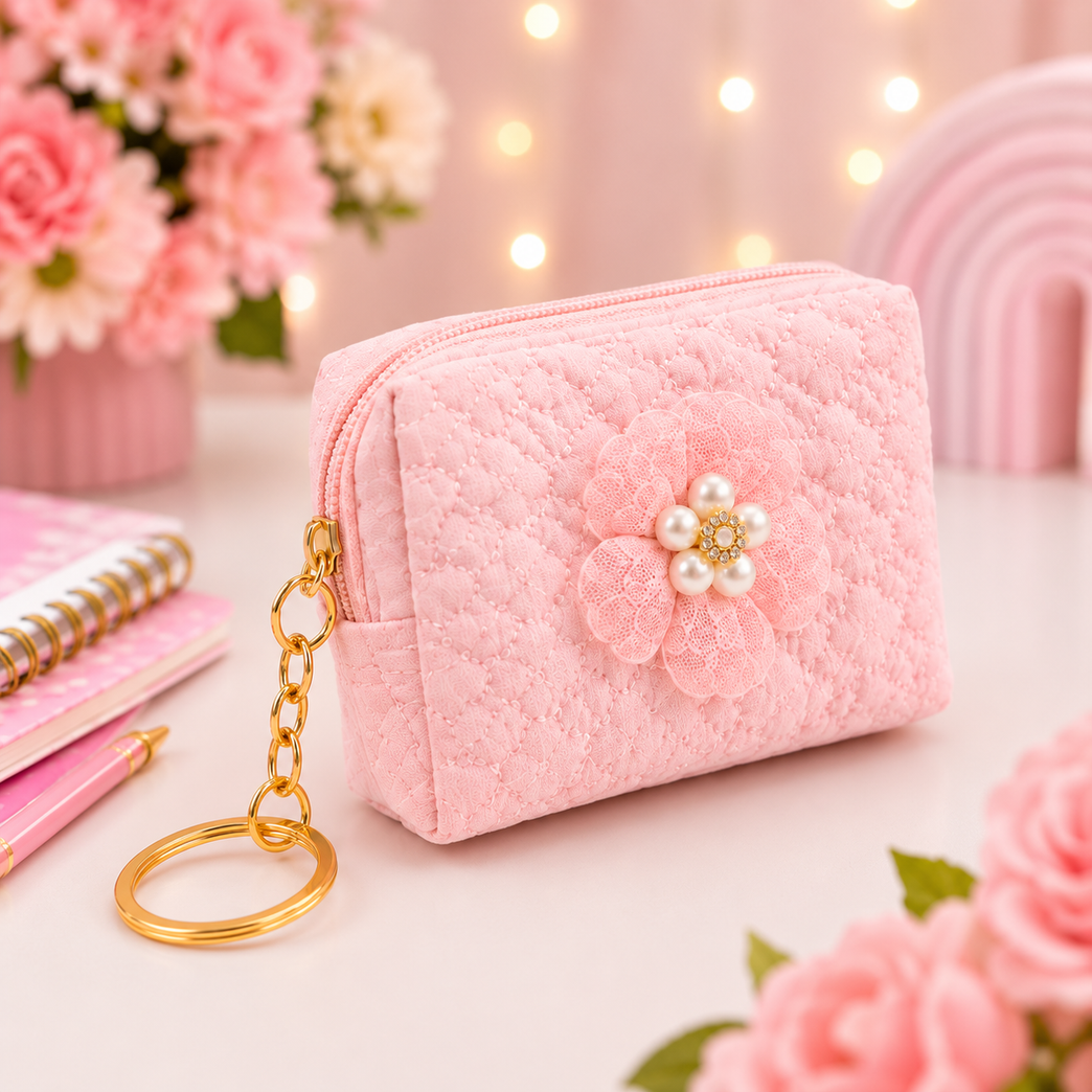 Floral Quilted Coin Purse Girls | Mini Zipper Wallet with Pearl Flower Charm, Keychain Ring | Cute Cash, Coin & Earbuds Pouch (Multi-Color)
