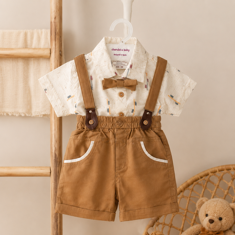 Baby Boys Gentleman Suspender Shorts Set with Bow Tie & Printed Shirt | Premium Infant Party Wear Outfit