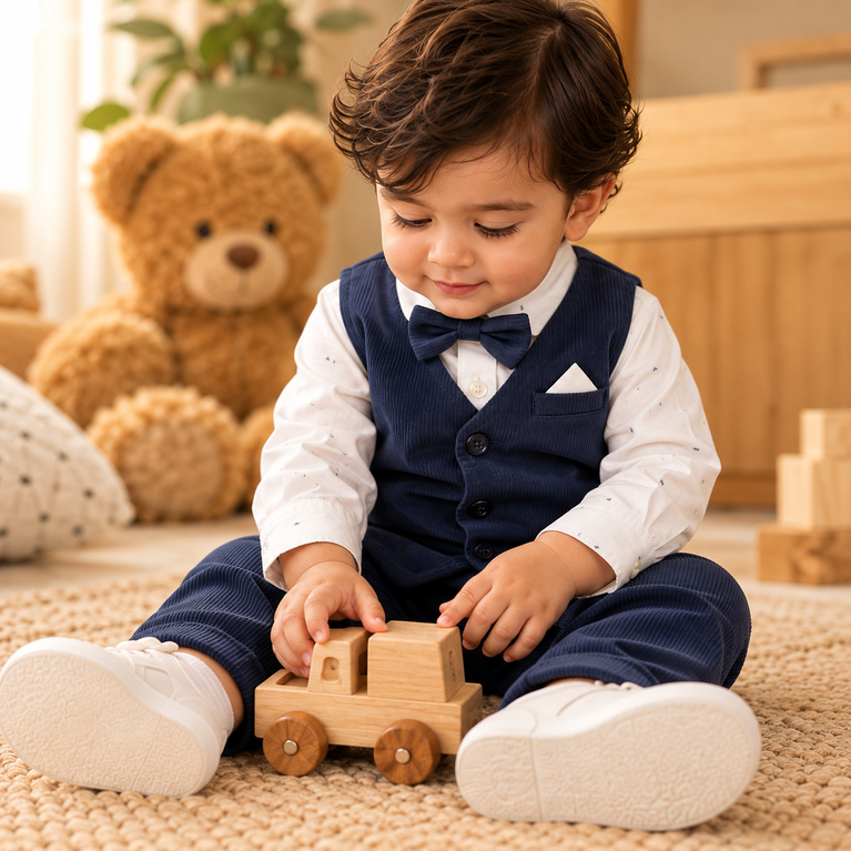 Navy Blue Corduroy Waistcoat, Shirt & Pants Set for Boys | Kids Formal Party Outfit