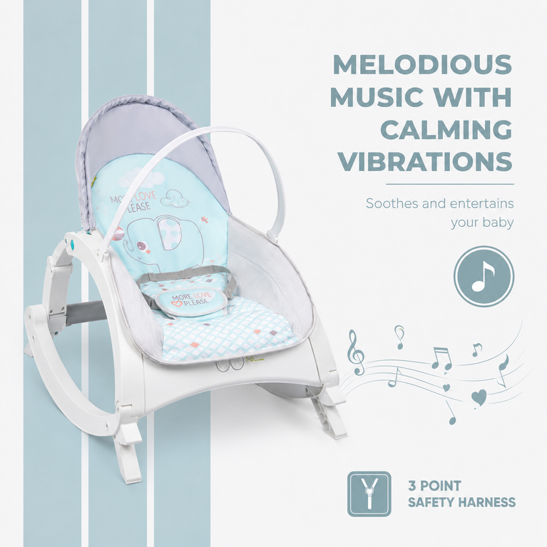 3-in-1 Premium Baby Rocker & Bouncer Chair with Music, Vibration, Adjustable Recline & Toy Bar (0-18 kg)