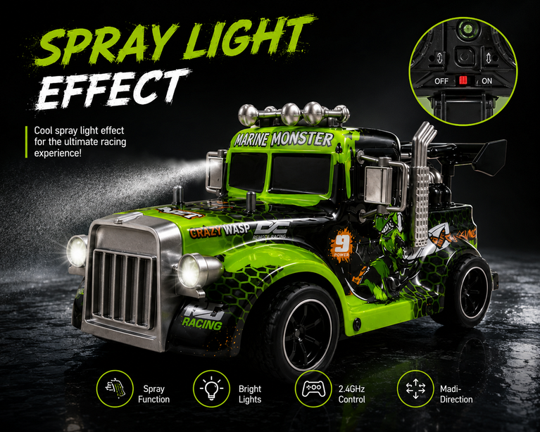 Hornet RC Spray Light Truck with 2.4GHz Remote Control, LED Lights &amp; Mist Spray – Rechargeable Racing Toy for Kids