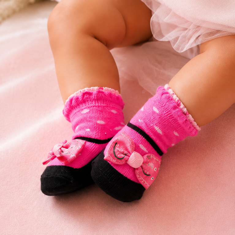 Baby Girls Pink Bow Socks with Matching Headband | Newborn Gift Set