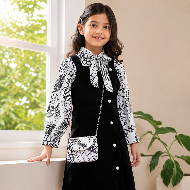 Black Pinafore Dress with Printed Bow Shirt & Matching Sling Bag | Stylish Kids Outfit