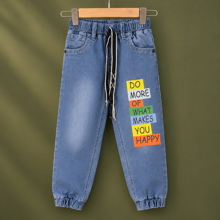 Light Blue Printed Jogger Jeans with Drawstring | Kids Denim Joggers
