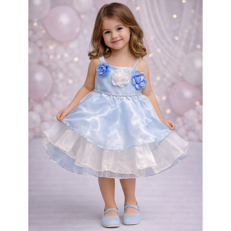 Toddler Girls’ Enchanted Blue Floral Party Dress – Layered Organza Princess Gown with Rosette Bodice and Sparkle Trim
