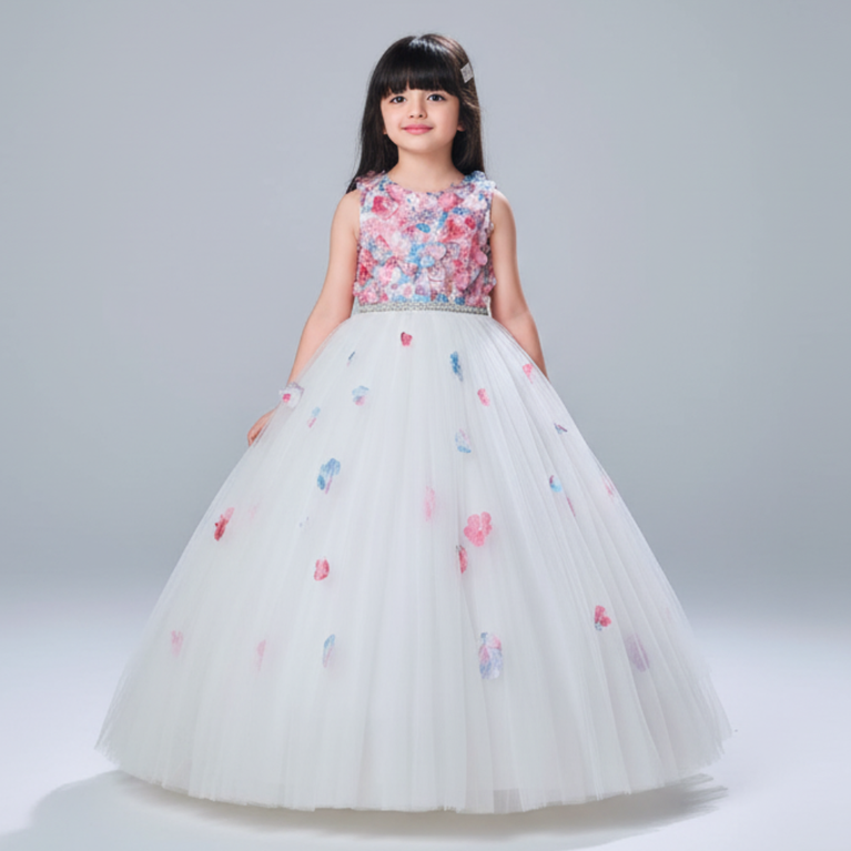 Panicky-Net Fit & Flare Party Gown with Floral Applique Maxi Dress