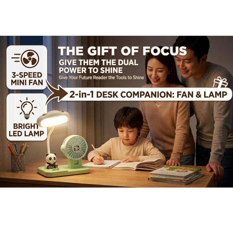 Ninos Worlds 2-in-1 Kids Study Table Lamp with Mini Fan – Cute Panda LED Desk Light