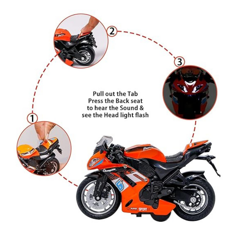 Ninos- Die-Cast Pull Back Model Toy Sports Bike with Sound & Light Lights Motorcycle