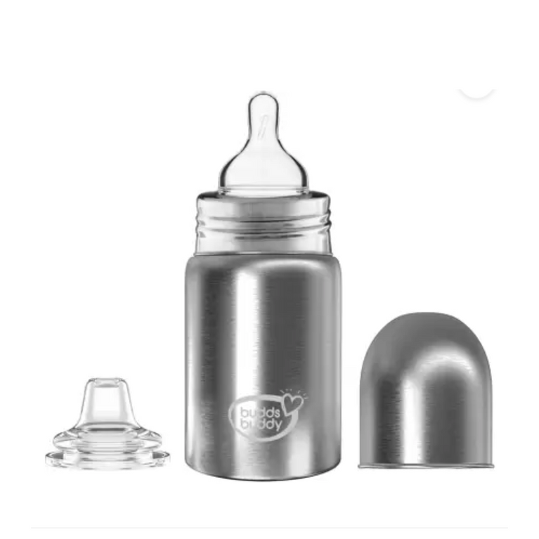 Budds Buddy Premium Stainless Steel 2 in 1 Wide Neck Feeding Bottle - 300ml  (Silver)