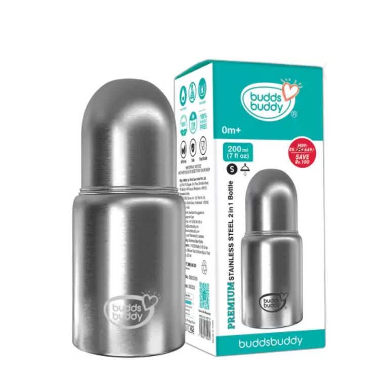 Budds Buddy Premium Stainless Steel 2 in 1 Wide Neck Feeding Bottle - 300ml  (Silver)