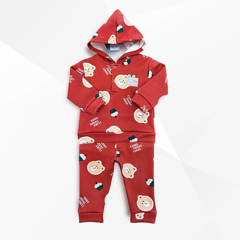 Boys Full Sleeves Teddy Bear Printed Winter Wear Set - Red