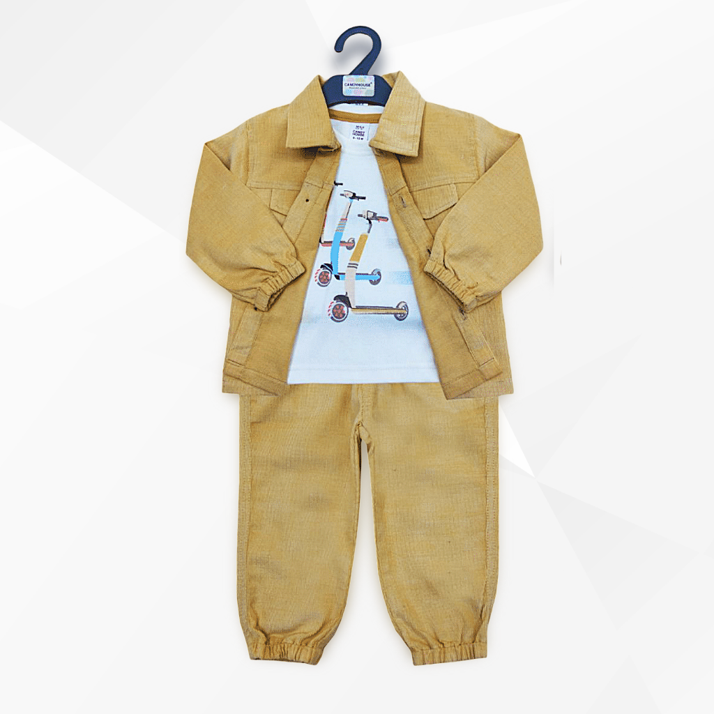 Boys Full Sleeves Solid Textured Jacket With Graphics Printed Tee & Pant