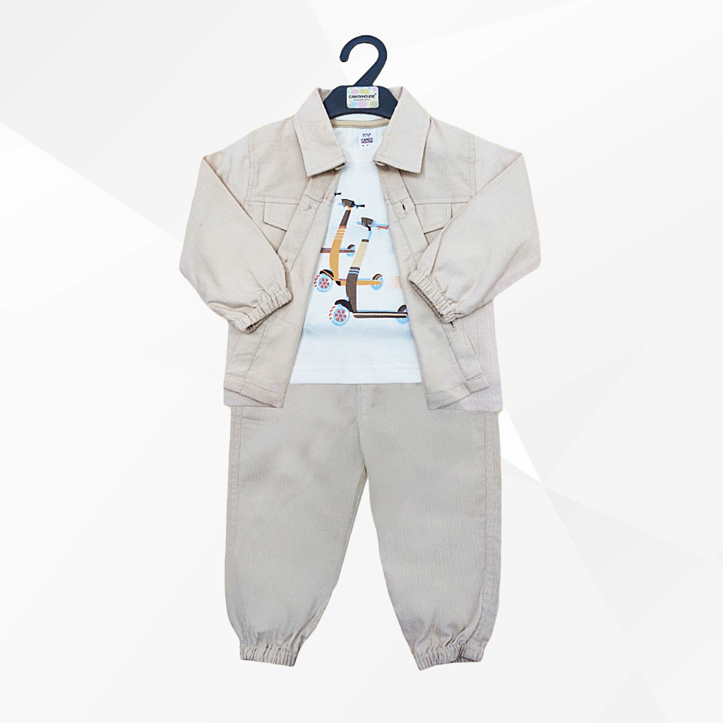 Boys Full Sleeves Solid Textured Jacket With Graphics Printed Tee & Pant