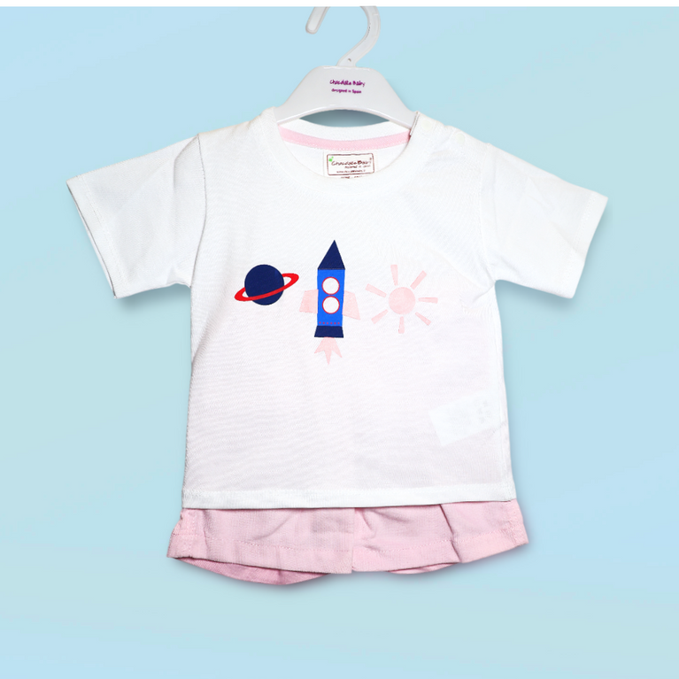 Chocolate baby- Knit Half Sleeves Party Shirt & Short Set With Space Rocket Printed T-Shirt