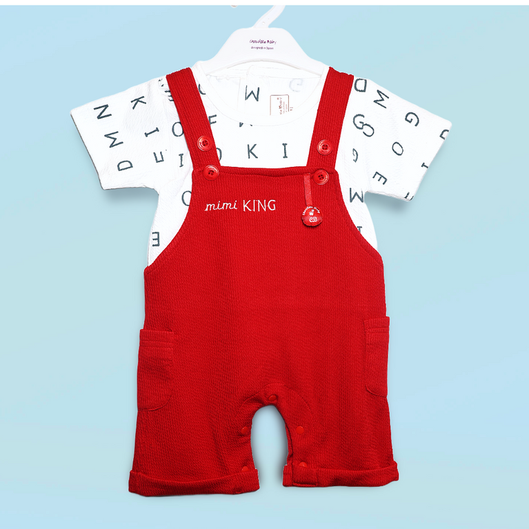 Chocolate Baby -Cotton Knit Dungaree & Half Sleeves T-Shirt With Text Print - Red & White