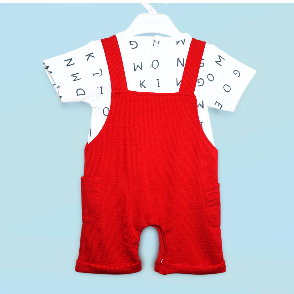 Chocolate Baby -Cotton Knit Dungaree & Half Sleeves T-Shirt With Text Print - Red & White