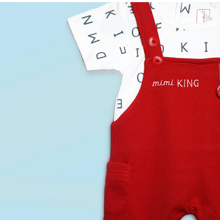 Chocolate Baby -Cotton Knit Dungaree & Half Sleeves T-Shirt With Text Print - Red & White