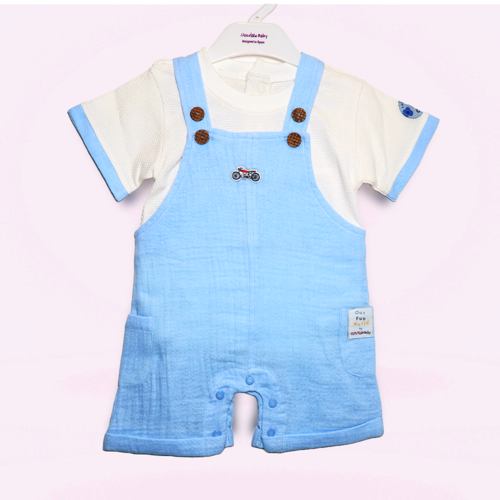 Chocolate Baby-Cotton Knit Dungaree & Half Sleeves T-Shirt With Bike Print & Embroidery - Blue & White