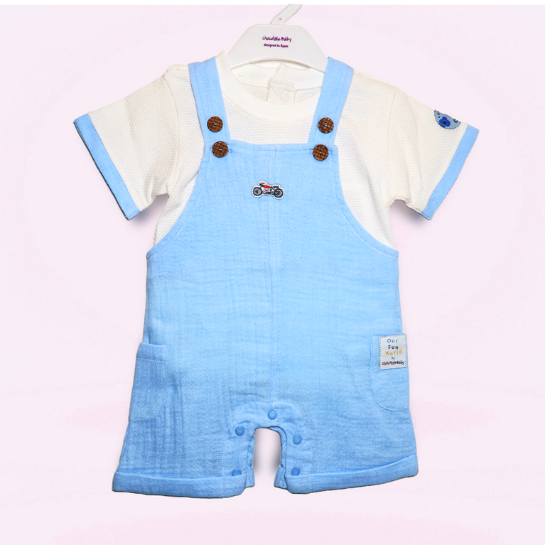 Chocolate Baby-Cotton Knit Dungaree & Half Sleeves T-Shirt With Bike Print & Embroidery - Blue & White