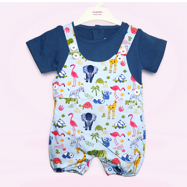 Chocolate Baby - Kids Cotton Knit Dungaree & Half Sleeves T-Shirt With Animal & Bird Print