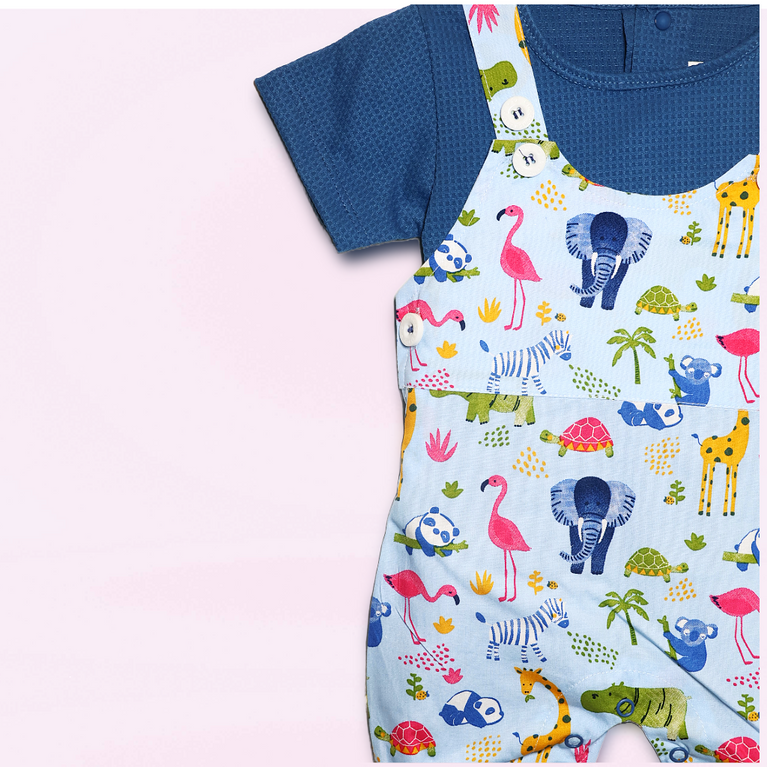 Chocolate Baby - Kids Cotton Knit Dungaree & Half Sleeves T-Shirt With Animal & Bird Print