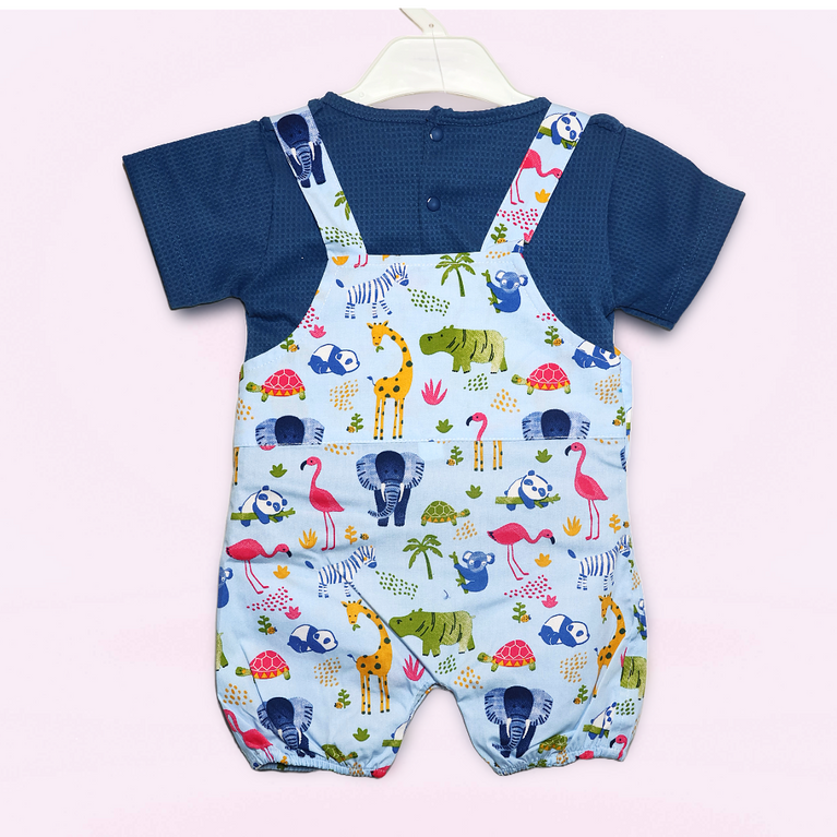 Chocolate Baby - Kids Cotton Knit Dungaree & Half Sleeves T-Shirt With Animal & Bird Print