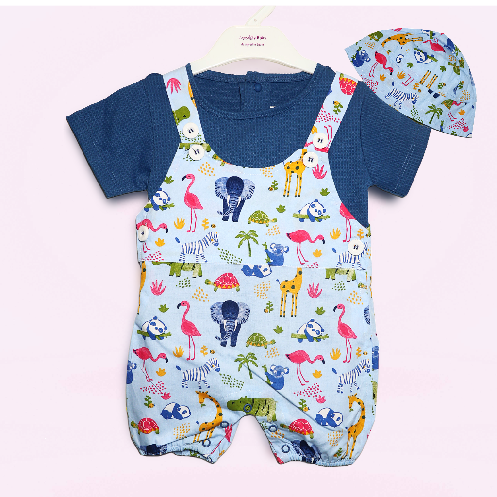 Chocolate Baby - Kids Cotton Knit Dungaree & Half Sleeves T-Shirt With Animal & Bird Print