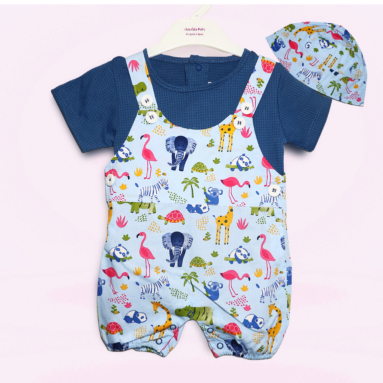 Chocolate Baby - Kids Cotton Knit Dungaree & Half Sleeves T-Shirt With Animal & Bird Print