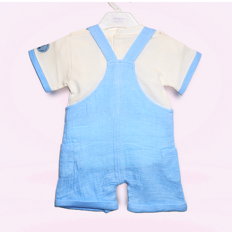 Chocolate Baby-Cotton Knit Dungaree & Half Sleeves T-Shirt With Bike Print & Embroidery - Blue & White