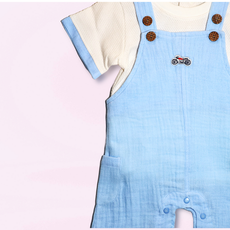Chocolate Baby-Cotton Knit Dungaree & Half Sleeves T-Shirt With Bike Print & Embroidery - Blue & White