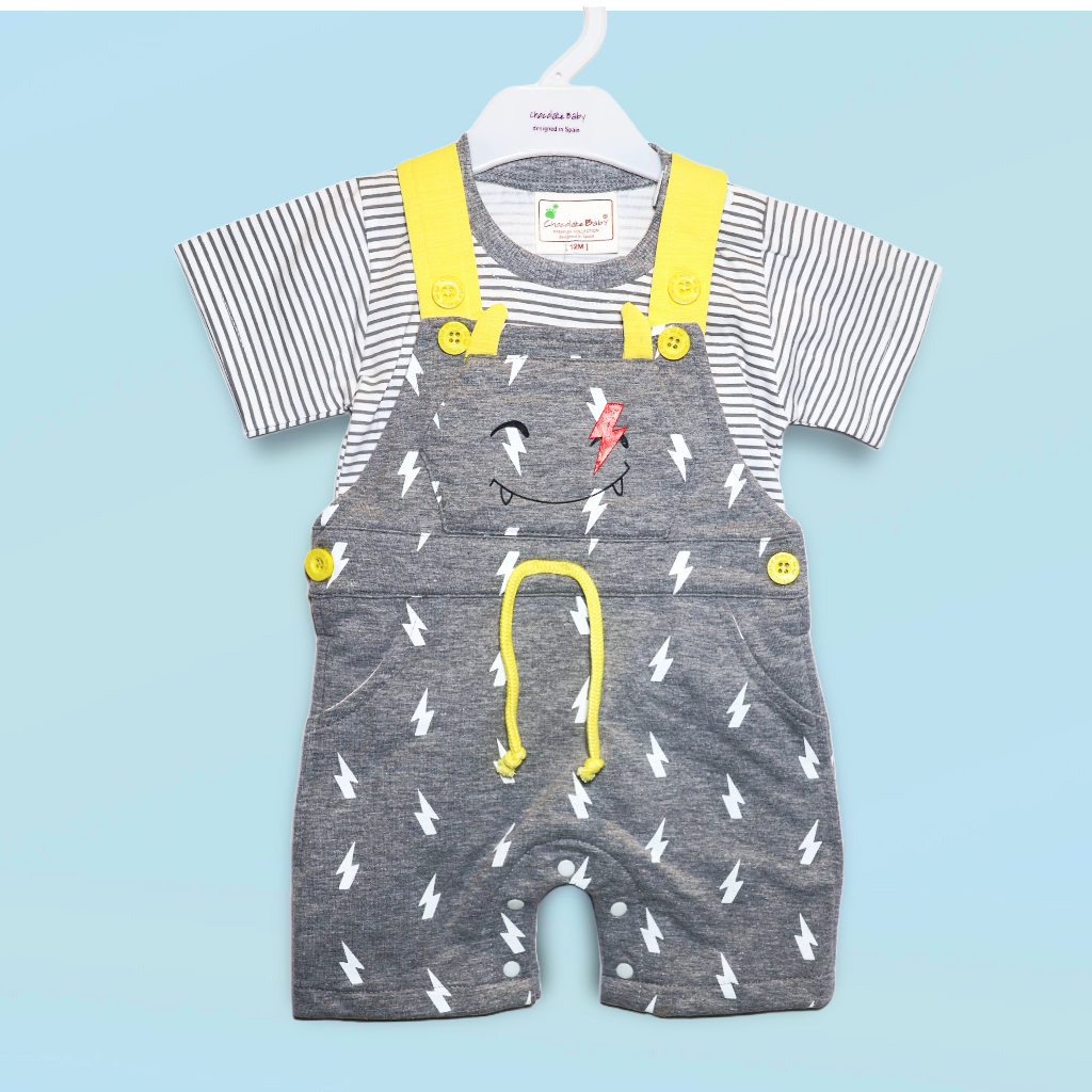 Chocolate Baby-Cotton Knit Dungaree & Half Sleeves T-Shirt With Thunder Print